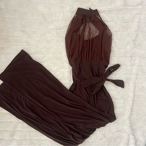 Mesh see through tie up cowl turtleneck jumpsuit